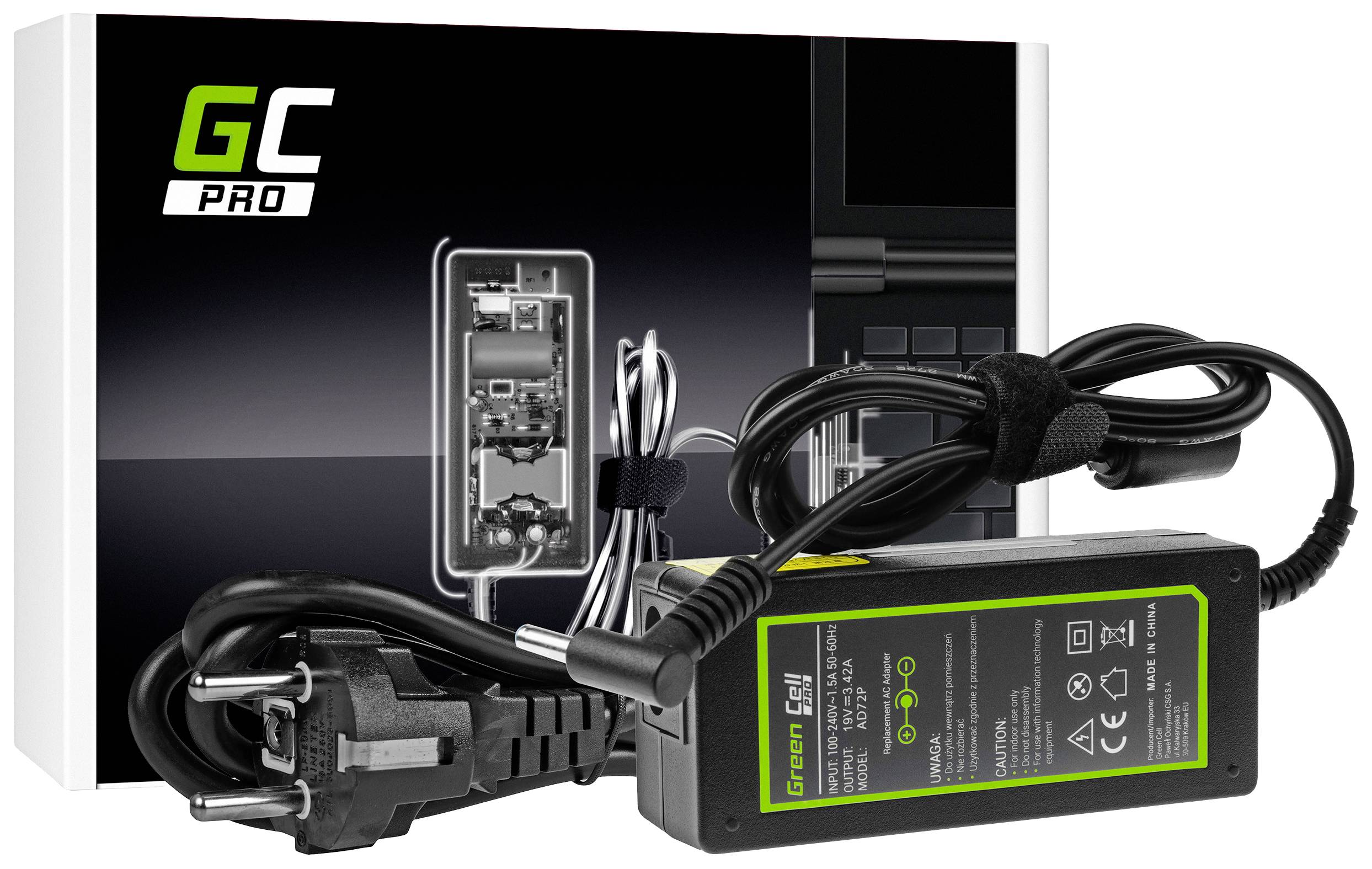 A laptop charger with cables in front of packaging labelled 'GC PRO'.