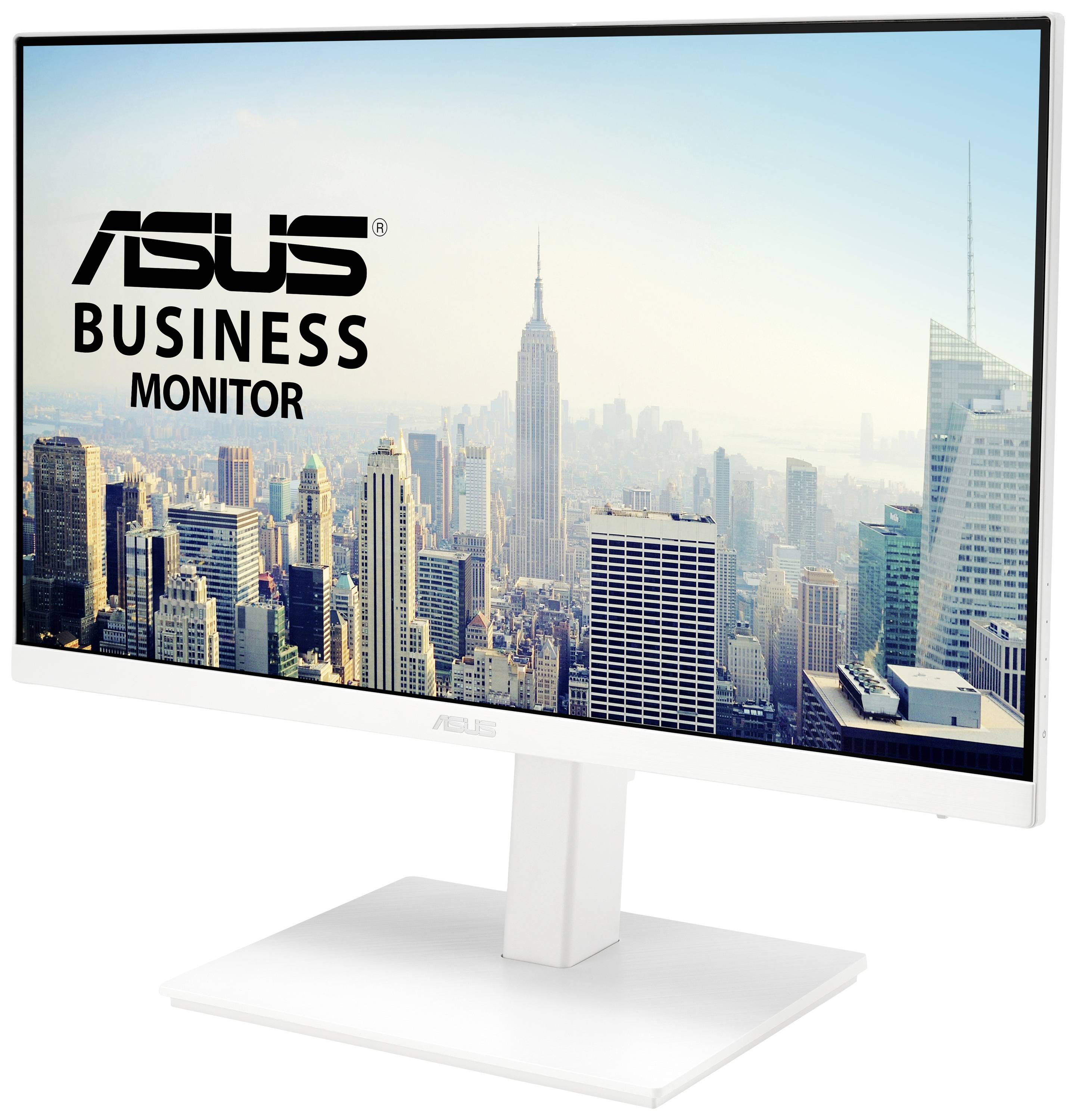 An ASUS business monitor with a cityscape in the background, displaying a skyline with skyscrapers, including the Empire State Building.