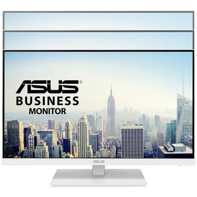 An ASUS business monitor displays a skyline with tall buildings against a clear sky. The ASUS logo is visible on the screen.