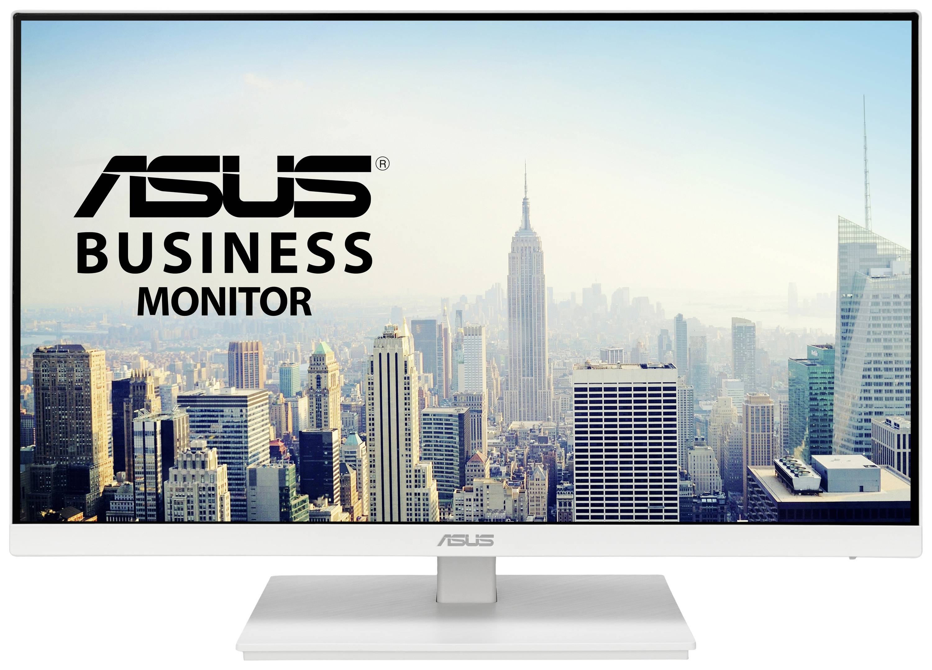 A computer monitor displays a skyline with the text 'ASUS Business Monitor' above the city view.