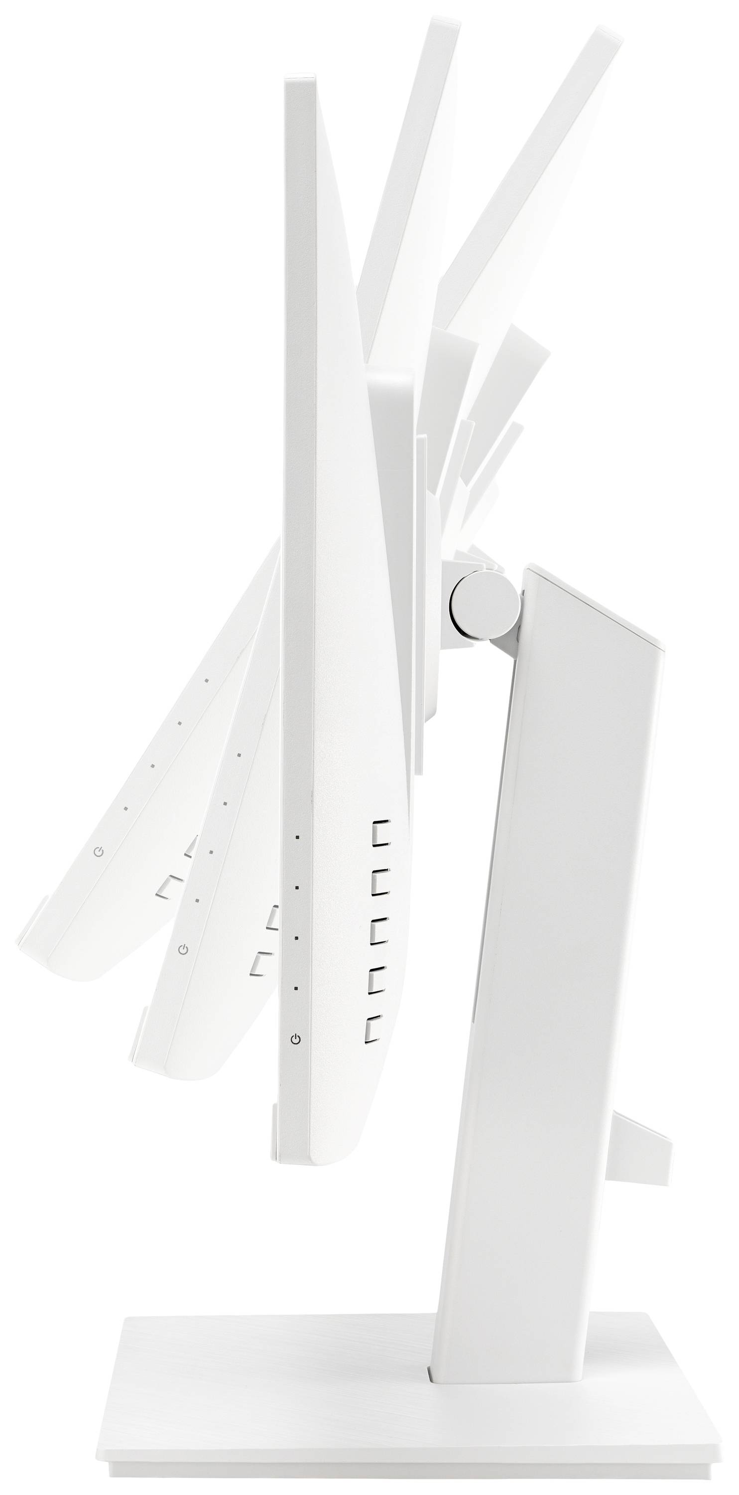 A white monitor, viewed from the side, shows various tilt angles.