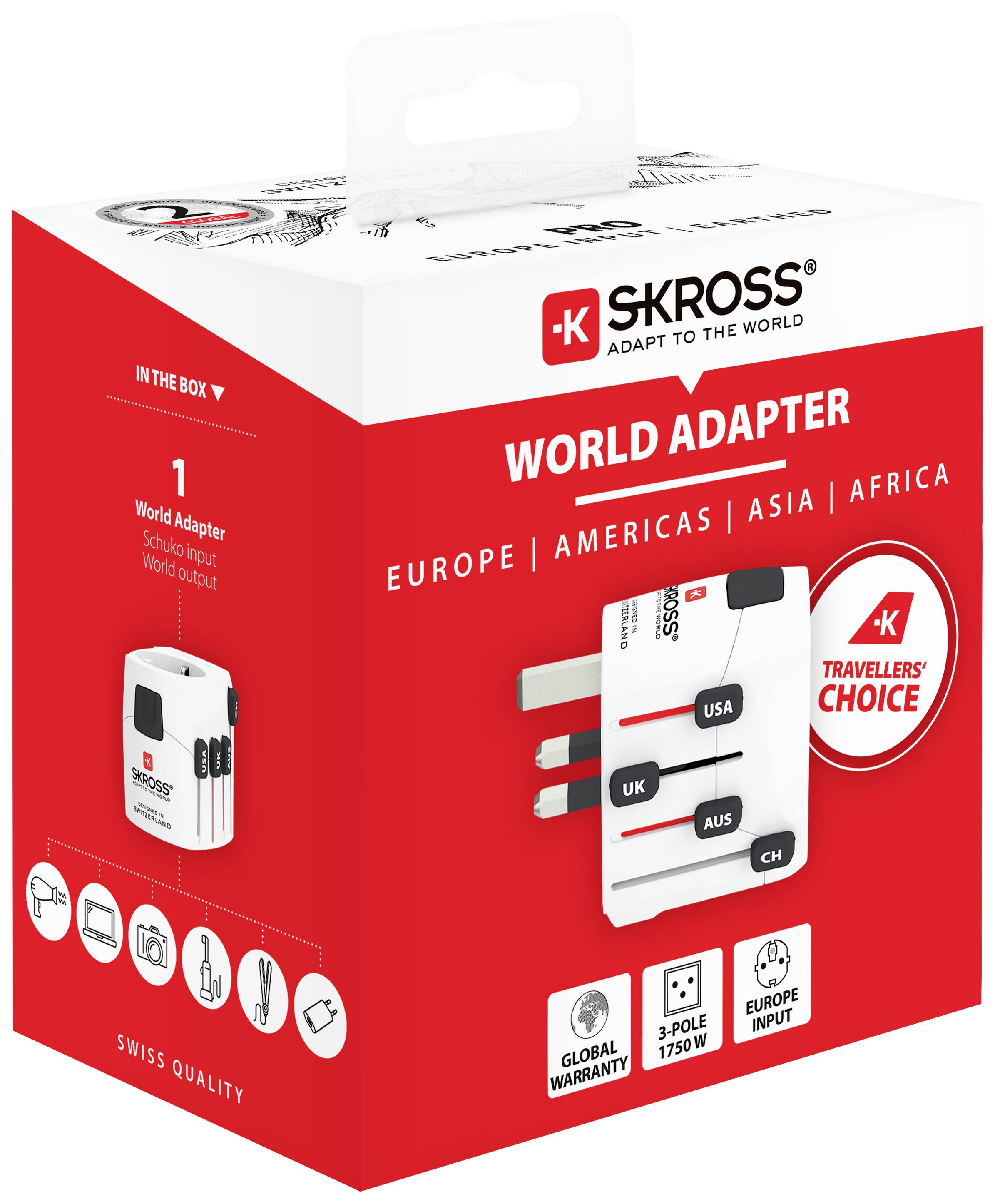 Skross World Travel Adapter for Europe, America, Asia and Africa. Includes a 3-pin adapter with USB port. Recommended for travellers.