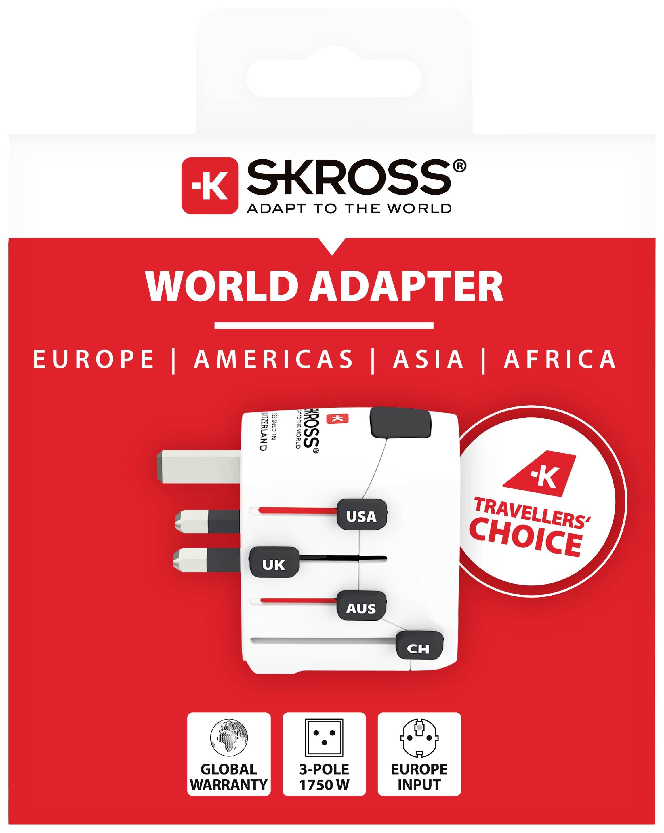 'SKROSS World Adapter' packaging, showing an international adapter with plugs for EU, UK, USA, AUS and CH. Regions: Europe, America, Asia, Africa.