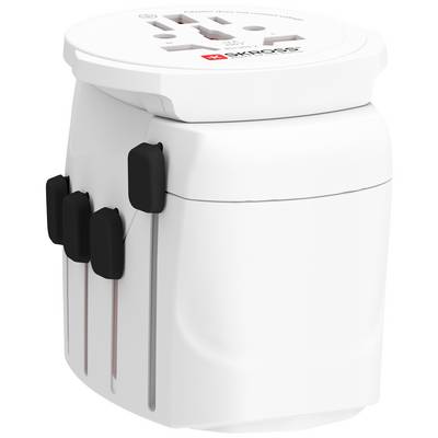 A white travel adapter with multiple plug types, suitable for different countries, provides global connectivity for electronic devices.