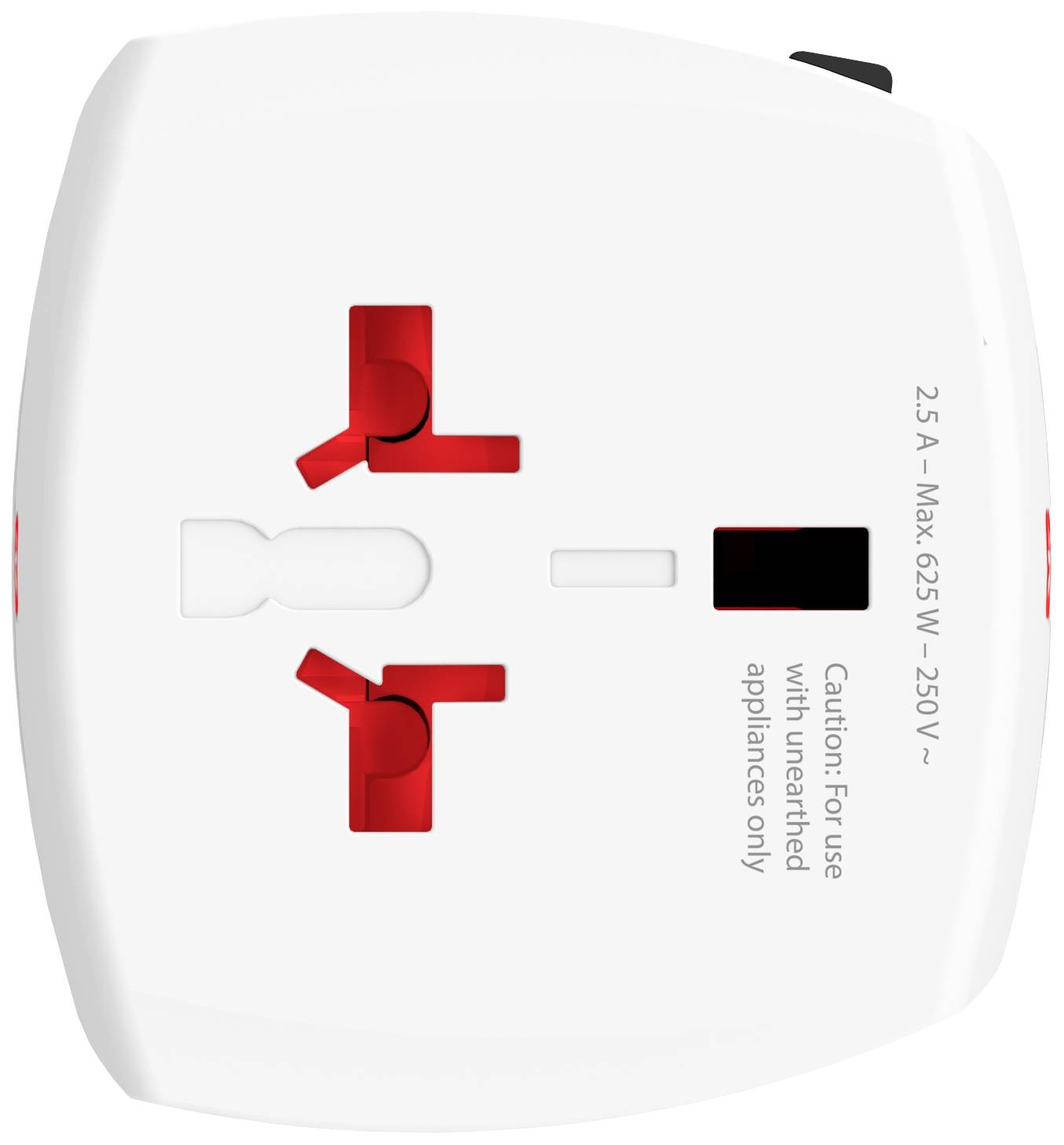 A white travel adapter with two socket openings and a safety switch. Inscription: 'Max 625W, 250V'. Suitable for universal applications.