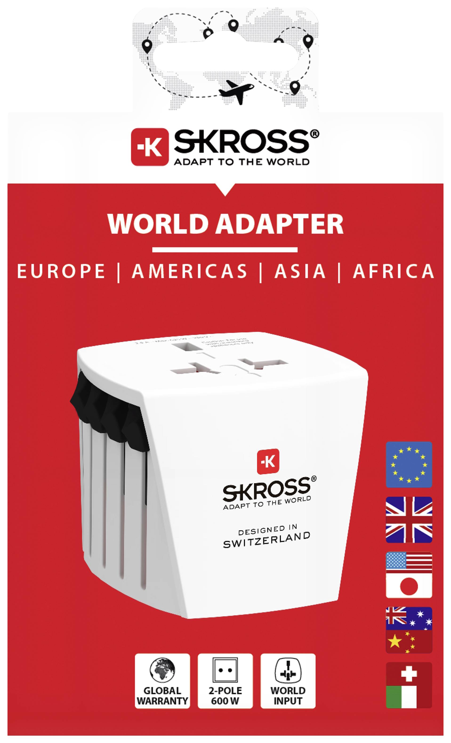 A white travel adapter by SKROSS for Europe, America, Asia, and Africa. Contains flags and offers worldwide use.