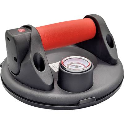 Black suction lifter with red handle and integrated manometer for displaying vacuum pressure, used for lifting smooth surfaces.