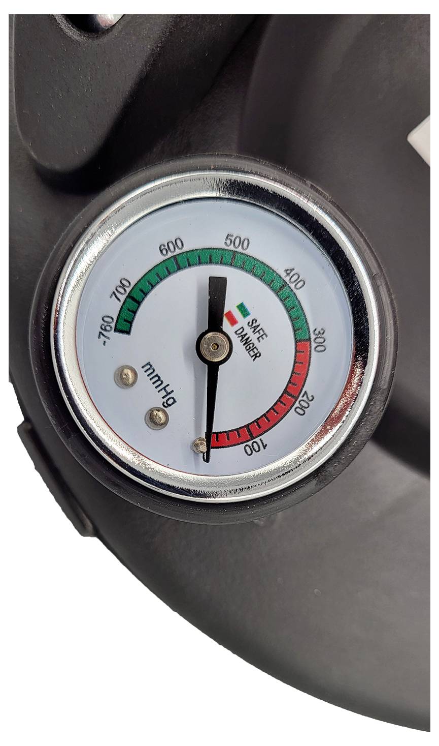 Pressure gauge with a scale ranging from -760 to 400 mmHg. Pointer indicates the 'SAFE' area. Low pressure on the left, high pressure on the right.