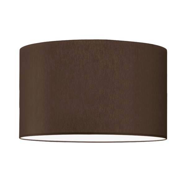 Brown, cylindrical fabric lampshade, closed at the top, open at the bottom to allow light to pass through.