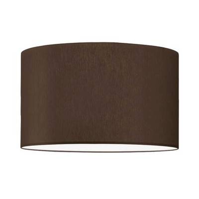 Brown, cylindrical fabric lampshade, closed at the top, open at the bottom to allow light to pass through.