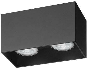Black, rectangular ceiling light with two visible round lamp openings.
