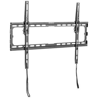 A slim, black TV wall mount with two vertical and horizontal rails, identifiable by adjustable holes and straps.