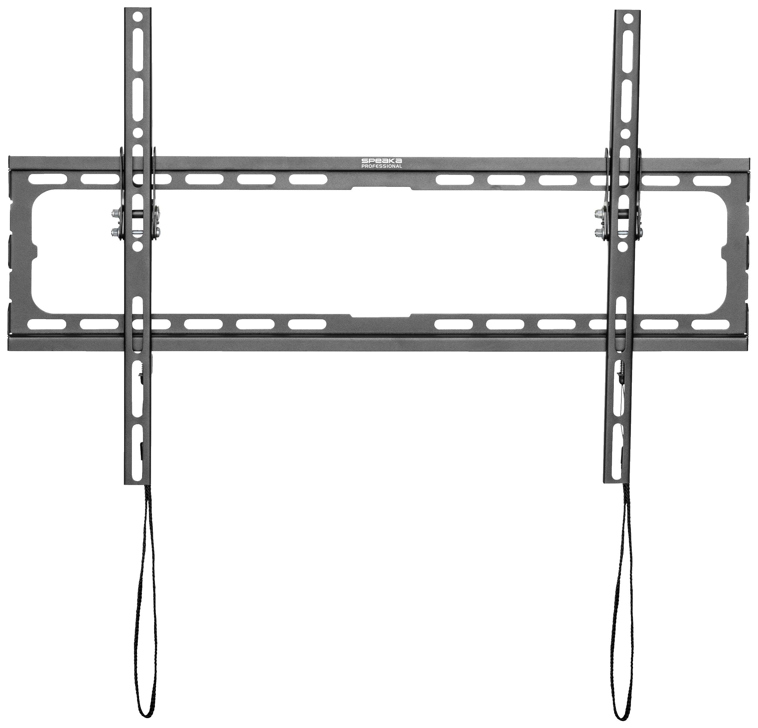 A flat wall mount for televisions, made of metal, featuring two vertical and one horizontal rail, along with two tension cables at the bottom.