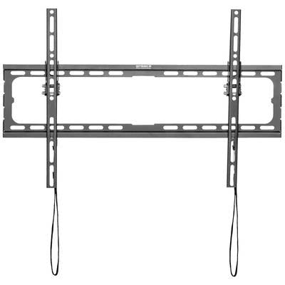 A flat wall mount for televisions, made of metal, featuring two vertical and one horizontal rail, along with two tension cables at the bottom.