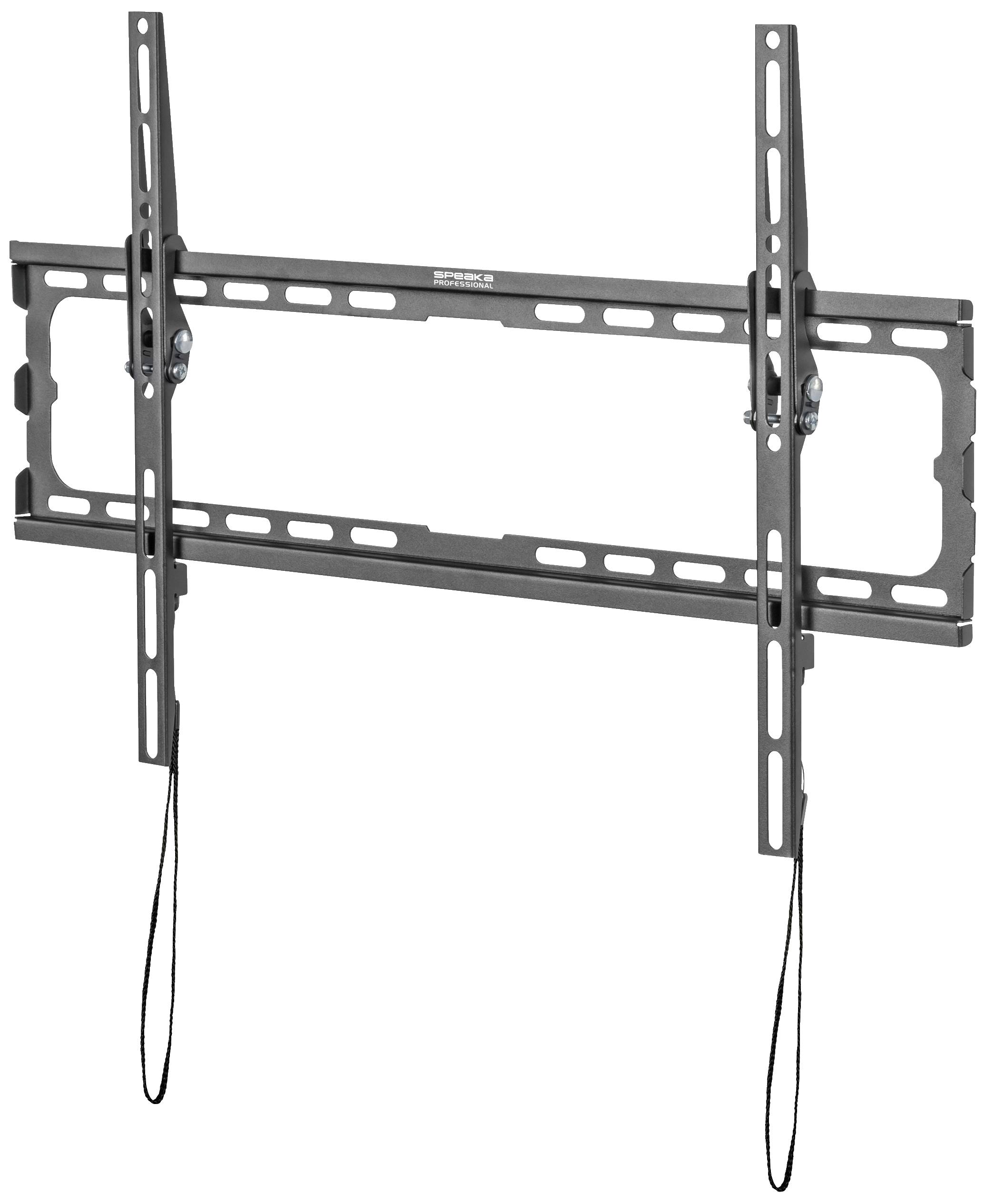 Wall mount for television, made of metal, with vertical rails and cords for adjustment. Suitable for flat screens.