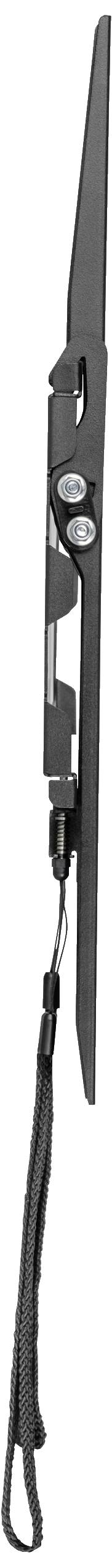 A black folding knife with a curved blade and safety lock. Underneath, a loop with a clip hangs for secure carrying.