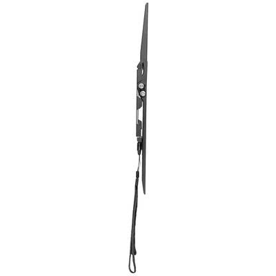 A black folding knife with a curved blade and safety lock. Underneath, a loop with a clip hangs for secure carrying.