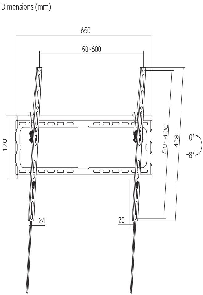 Wall mount for TV devices, mounting instructions show measurements in millimetres: Width 650, tilt 0 to -8 degrees, height adjustment 50-400.