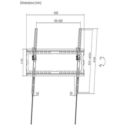 Wall mount for TV devices, mounting instructions show measurements in millimetres: Width 650, tilt 0 to -8 degrees, height adjustment 50-400.