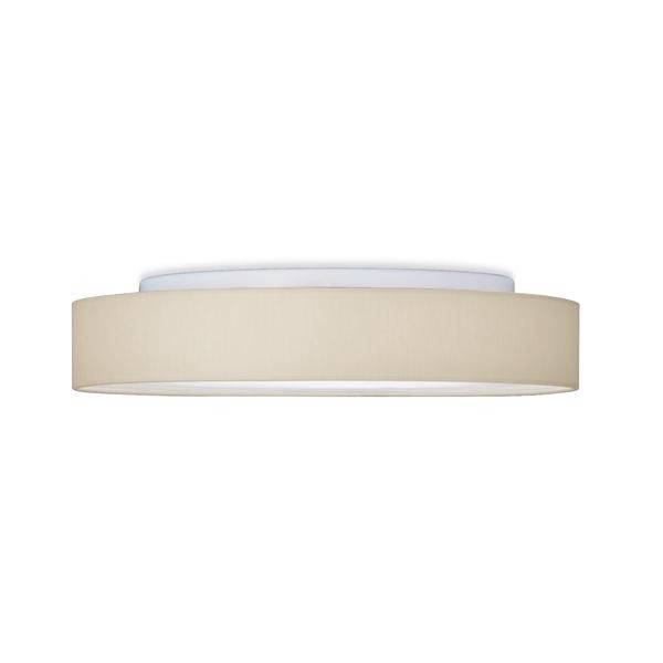 A simple, round ceiling light with a beige lampshade and white diffuser. Ideal for uniform room illumination.