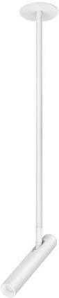 A white, minimalist pendant light with a long, slender rod and a cylindrical lampshade, suitable for contemporary spaces.