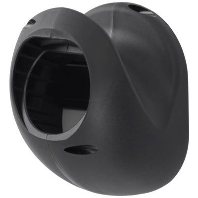 Black oval plastic component with openings, for securing or connecting components; industrial accessory.