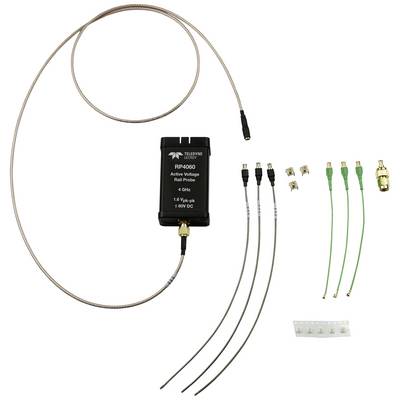 A set comprising an active voltage probe and accessories, including cables and adapters of various sizes and functions.
