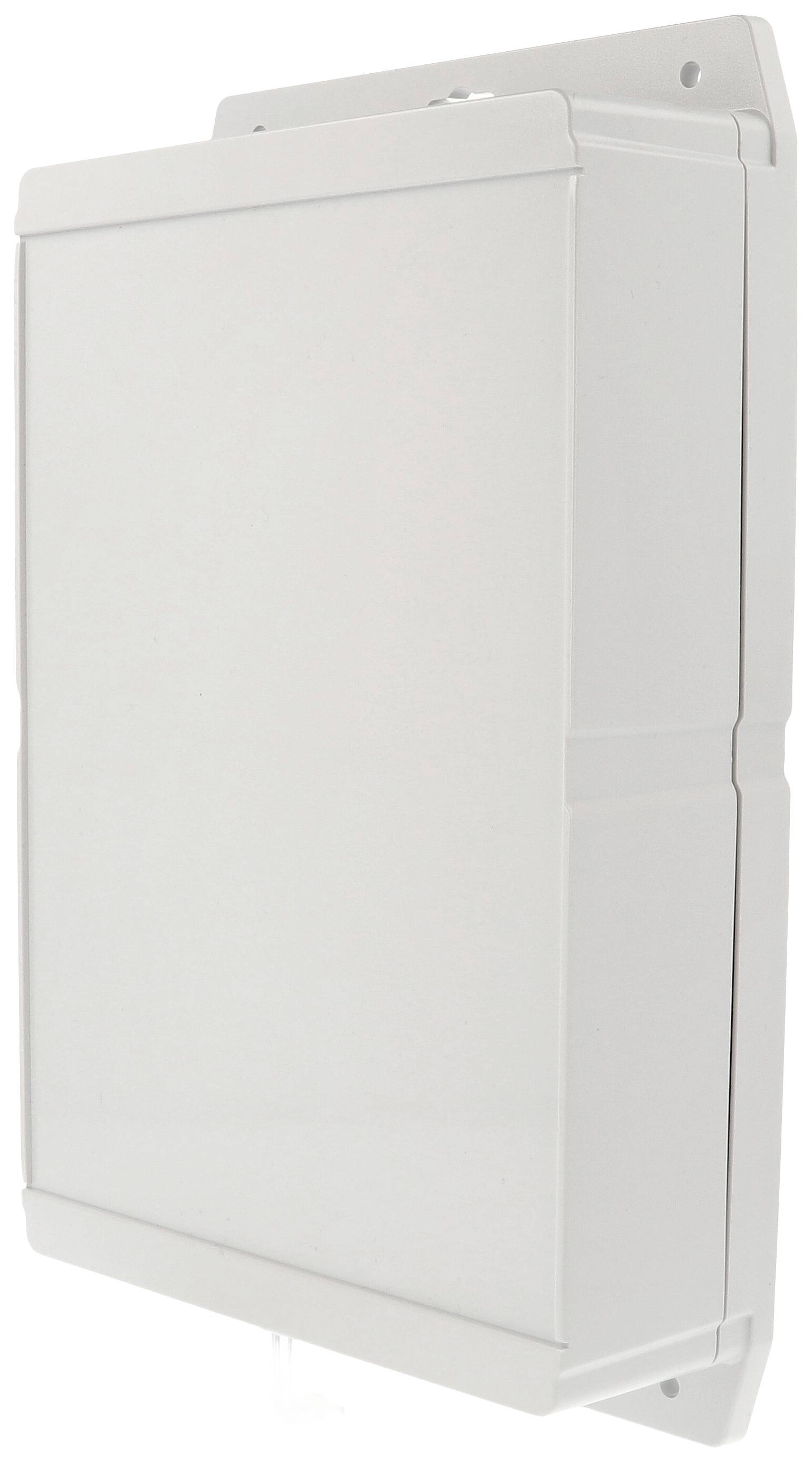 A rectangular, grey fuse box mounted on a wall, with a removable lid and mounting holes at the edges.