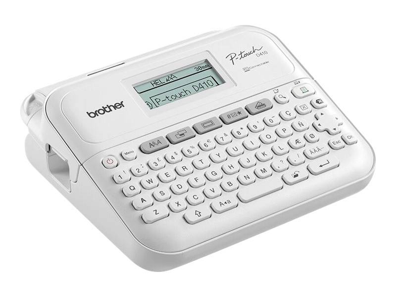 Electronic labelling device with QWERTZ keyboard and display with print preview. Model 'P-touch D400', Brand 'Brother'.