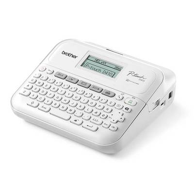 Electronic labelling device with QWERTZ keyboard, display, and white casing. Device from the 'P-touch' series by Brother.