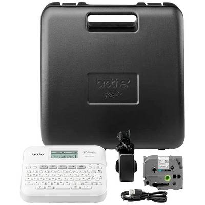 A portable labelling device with a QWERTZ keyboard, display and accessories such as charging cable, user manual and a label tape.