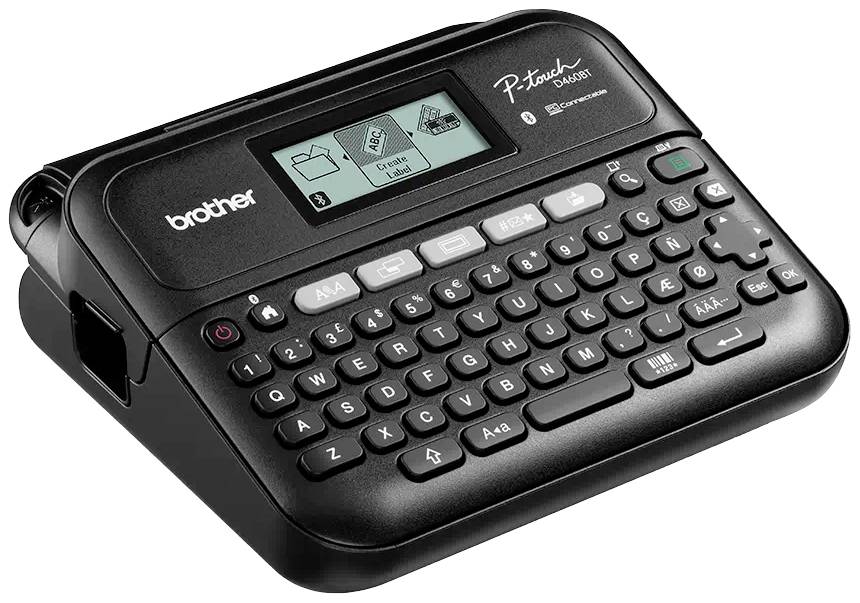 Portable label maker with QWERTY keyboard and small LCD display, creates labels for various applications.