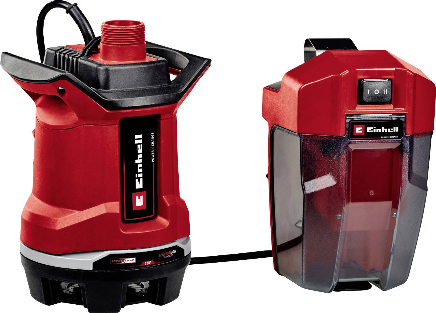 Red and black Einhell water pump with power cord, shown beside a matching control box on a white background.<br>