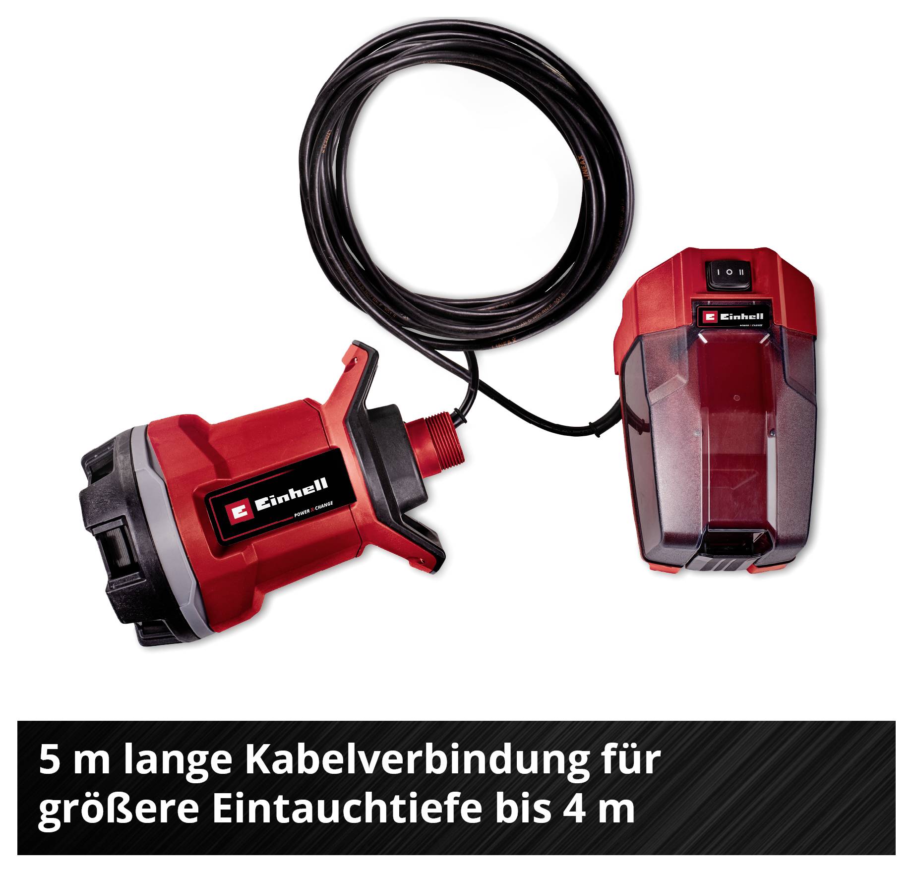 Red Submersible Pump with Float Switch and 5 m Cable; Text: '5 m long cable connection for greater immersion depth up to 4 m'.