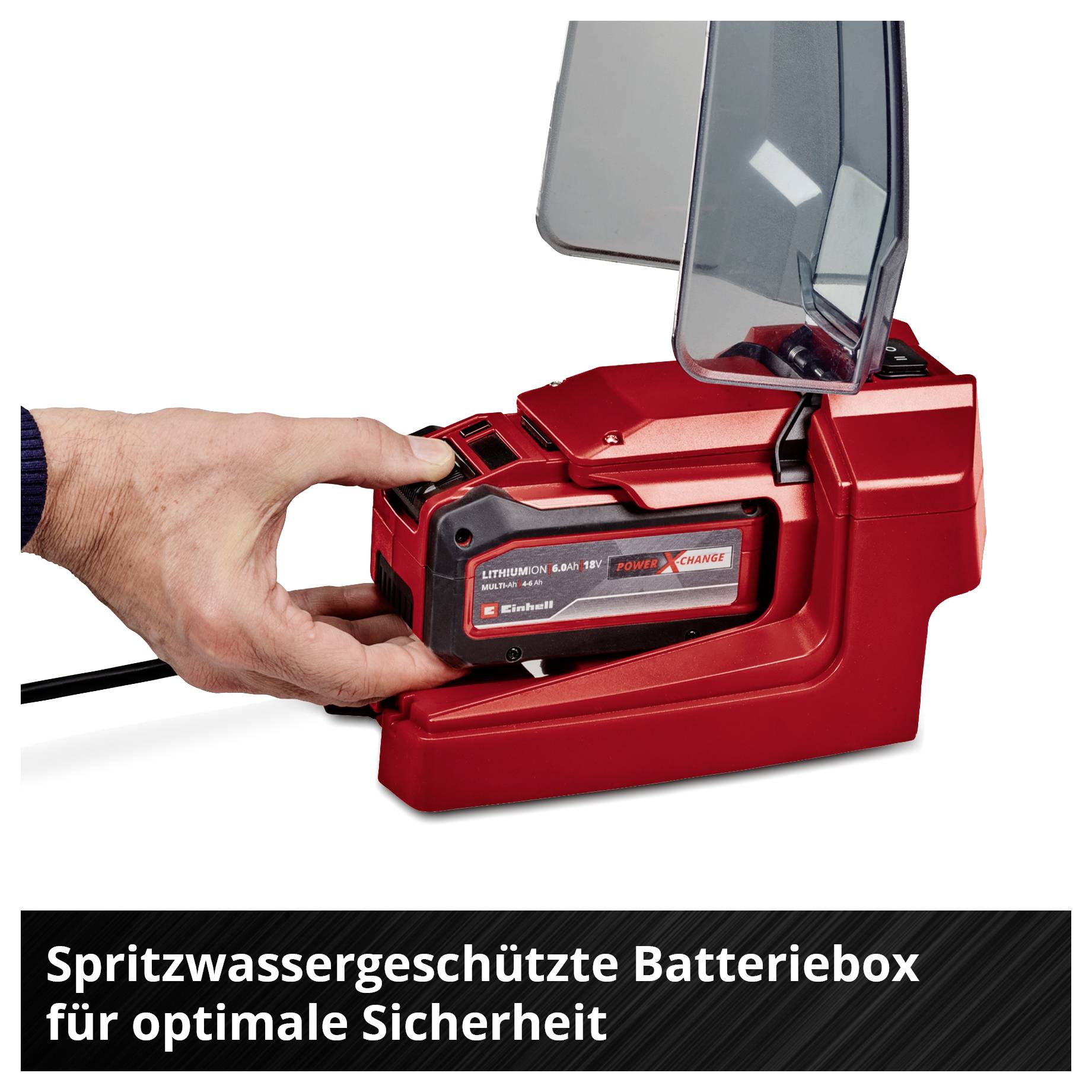 Hand inserting battery into red, splash-proof battery box; Text: 'Splash-proof battery box for optimal safety'.