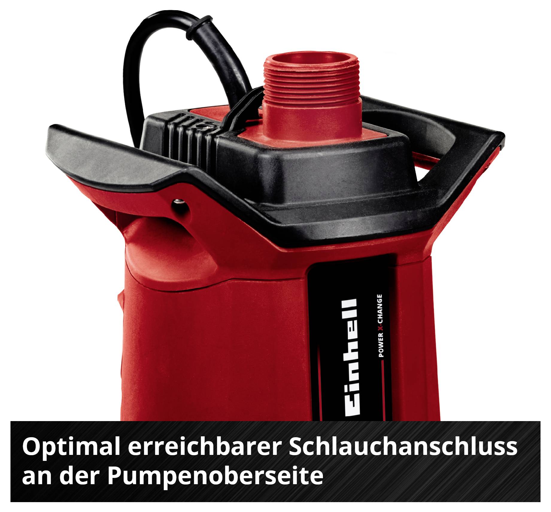 Battery-powered submersible pump by Einhell in red and black, with a large threaded screw on the left, and a transparent housing on the right.