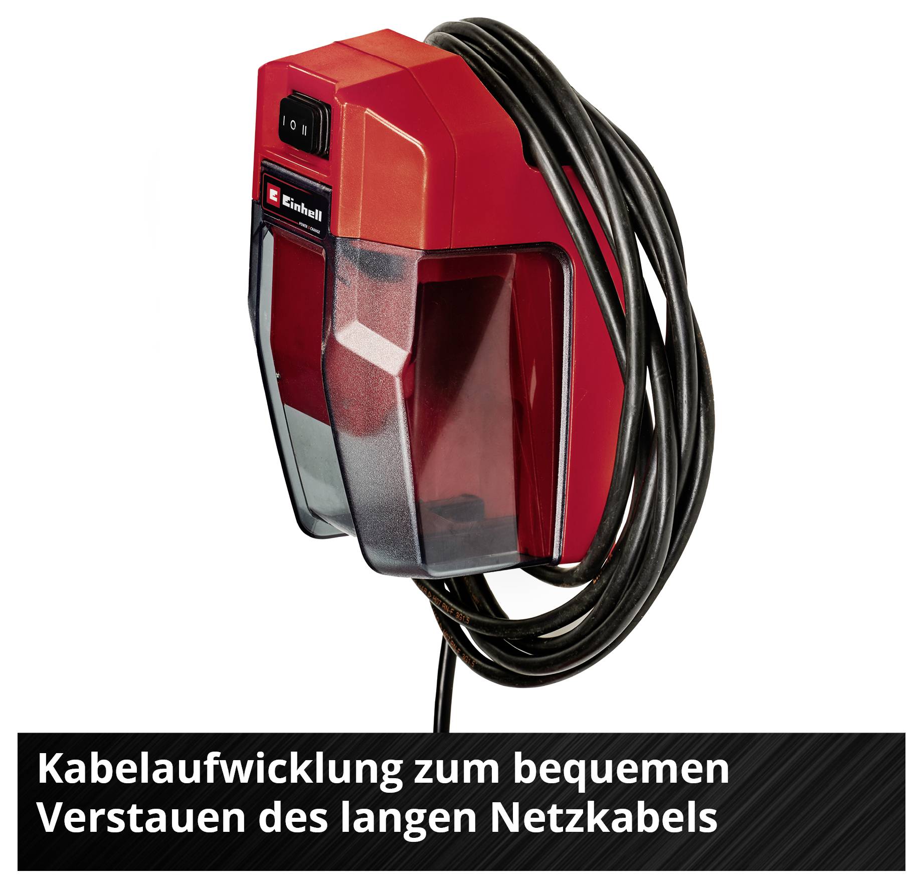 Red cable winder with wound-up long power cable; Text: 'Cable winder for convenient storage of the long power cable'