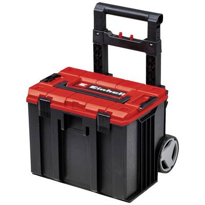 Rollable tool chest with sturdy plastic casing and extendable handle. Suitable for securely storing and transporting tools.