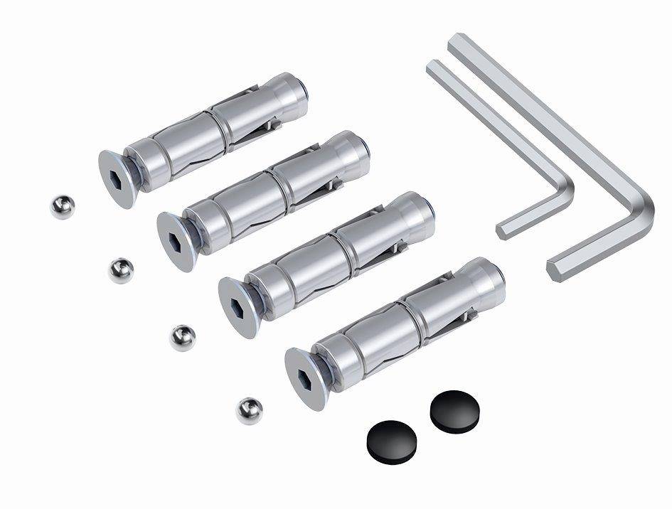 Four metal wall plugs with screws and two hexagonal Allen keys, designed for assembly. Two black caps as covers are also included.