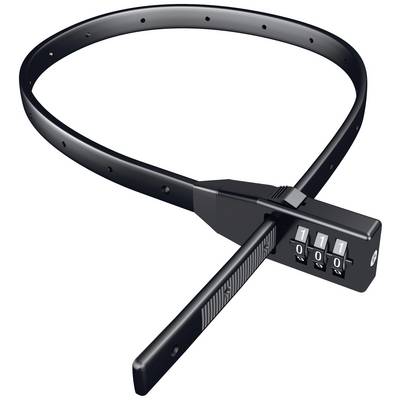 Black bicycle lock with combination lock, three number wheels set to 711, flexible band with holes for variable lengths.