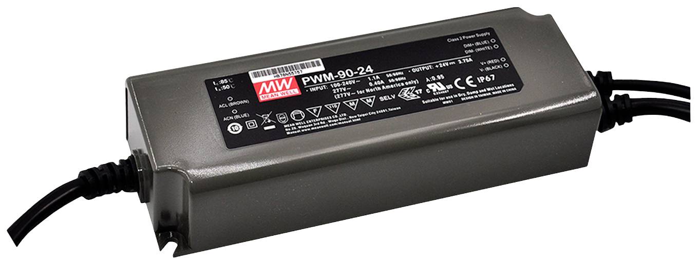 Grey power supply enclosure with a black label, displaying the model number 'PWM-90-24' and various technical symbols.