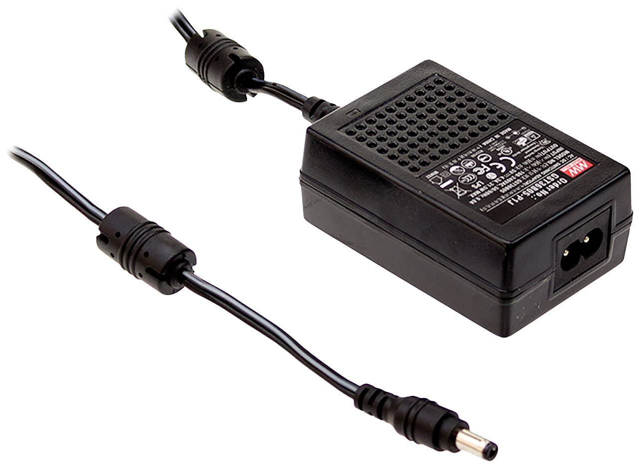 Black power supply with a power cord and plug. Suitable for electronic devices, shows technical specifications.