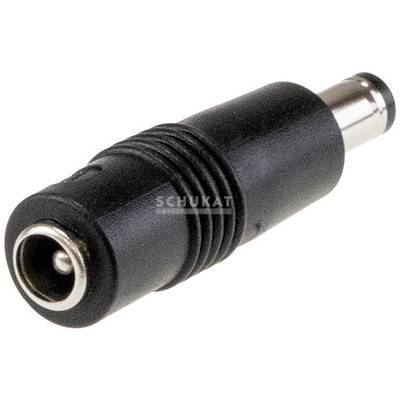 Black DC plug with metal tip, positioned sideways. Suitable for electrical connections and device connections.