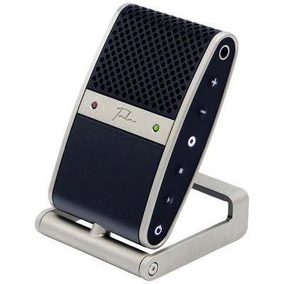 A modern, portable speaker microphone with a silver frame and black control elements, including volume control and power on/off switch.