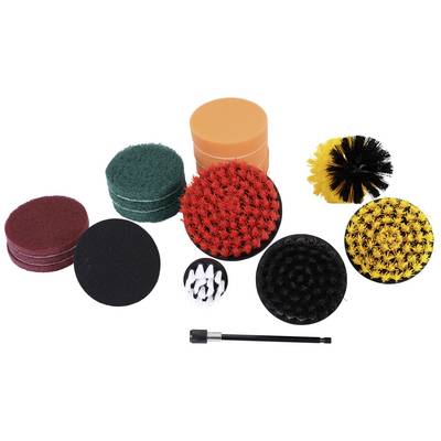 A set of various cleaning brushes and polishing pads in different colours and shapes, lies on a white background.
