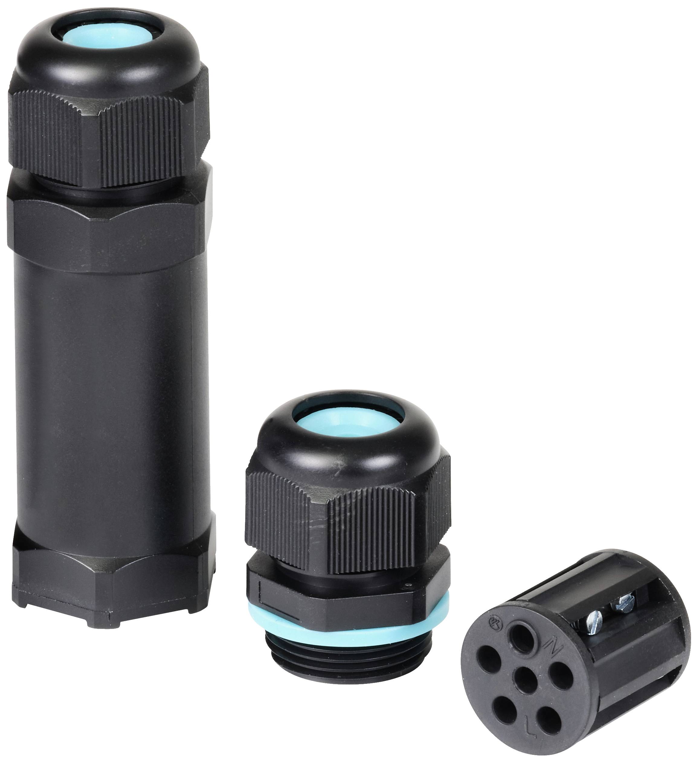 Three black cable glands with blue rings and a separate round insert, suitable for electrical connections.