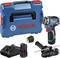 Drill Driver Set with Blue-Black Cordless Drill, Charger, Battery, Side Handle and Carry Case with Bosch Logo.