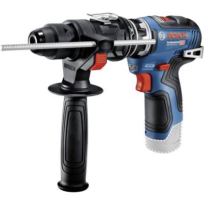 Battery drill hammer with a blue-black casing and orange accents. Equipped with an additional handle for better grip.