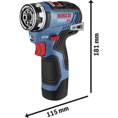 A blue Bosch cordless screwdriver with a red button and black handle, 115 mm wide, 184 mm high.<br><br>Note: The translation is straightforward, maintaining the technical description and precise measurements while using British English terminology.