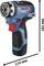 A blue Bosch cordless screwdriver with a red button and black handle, 115 mm wide, 184 mm high.<br><br>Note: The translation is straightforward, maintaining the technical description and precise measurements while using British English terminology.